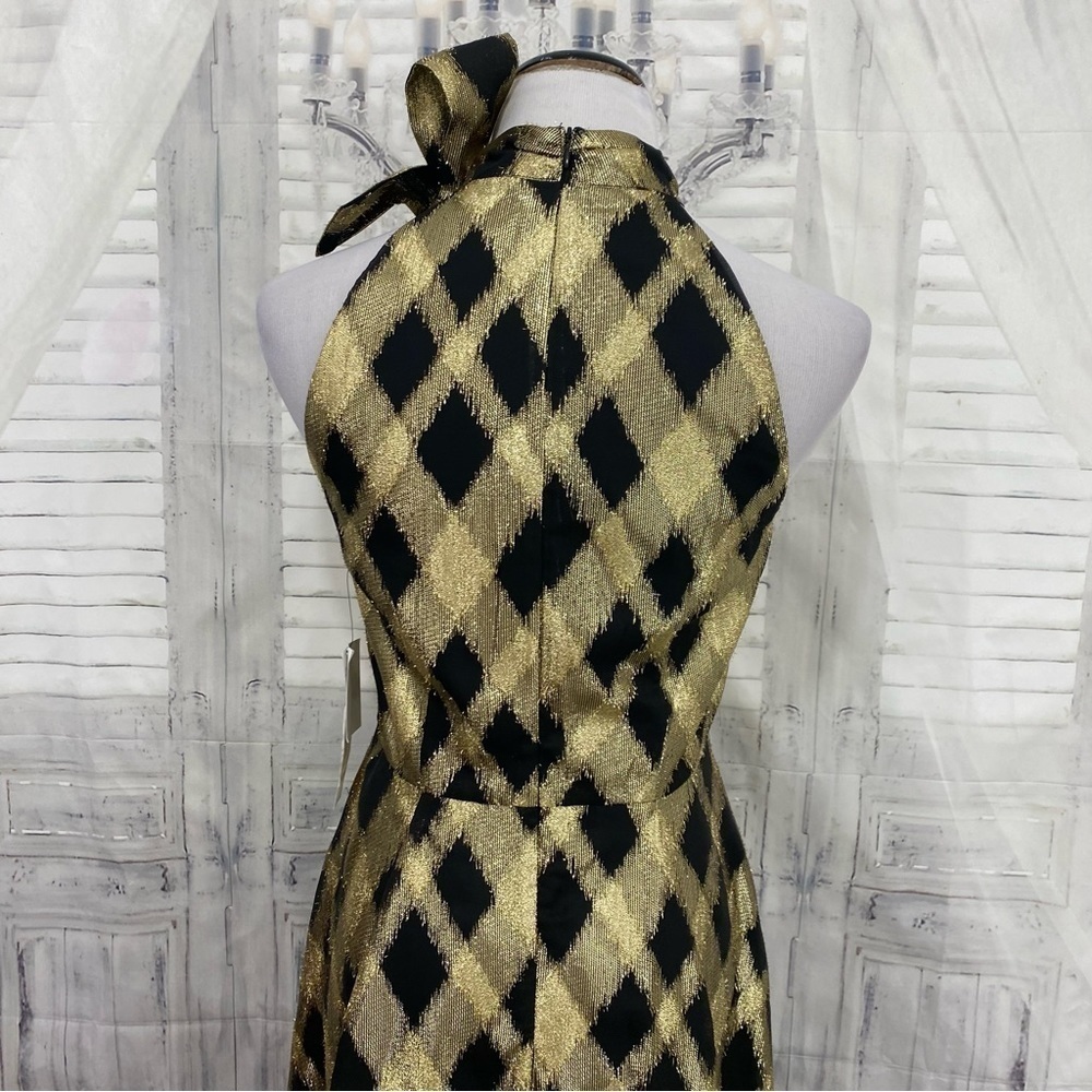 Maggy London Size 4 Metallic Gold Black Plaid Cross Over Halter Dress Fit Flare - Picture 10 of 13